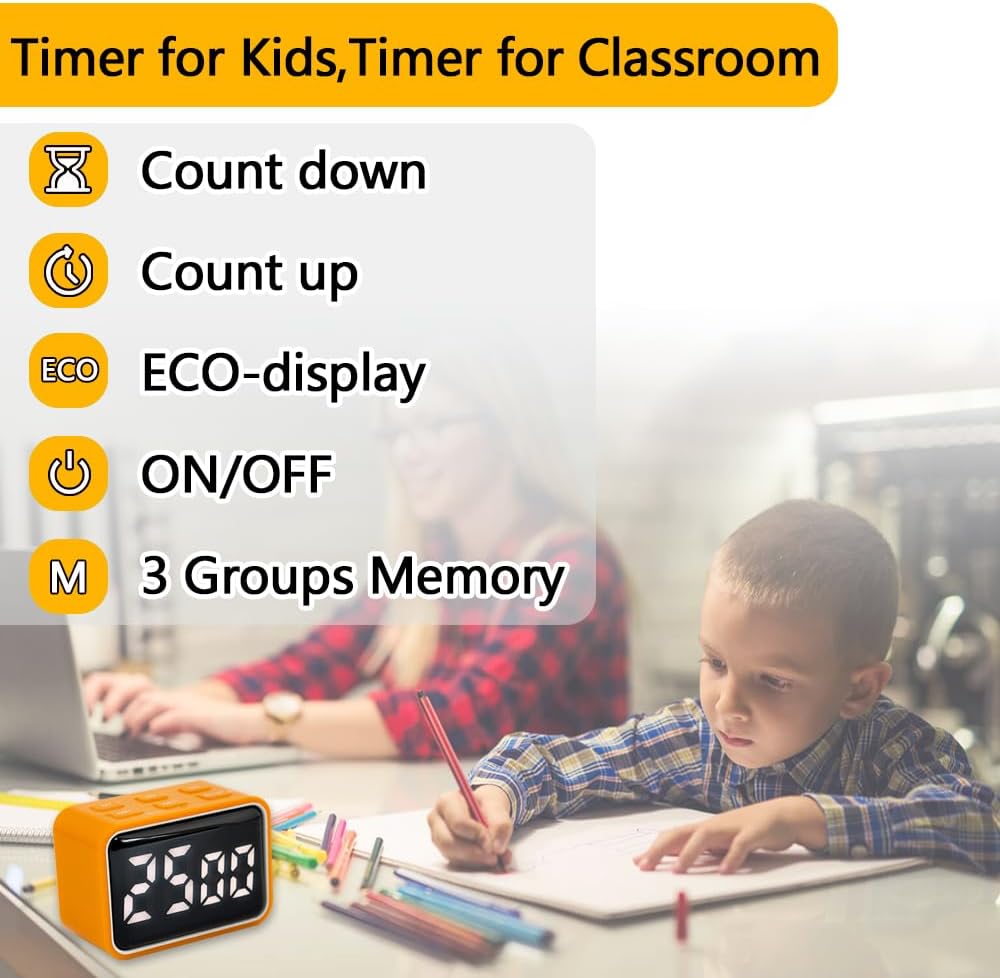 Digital Mini Timer Rechargeable, ON/Off Led Display Count Down/Up, 3 Preset Memory Times Loud Alarm Desk Timer for Kids Classroom Office Kitchen Cooking, Blue
