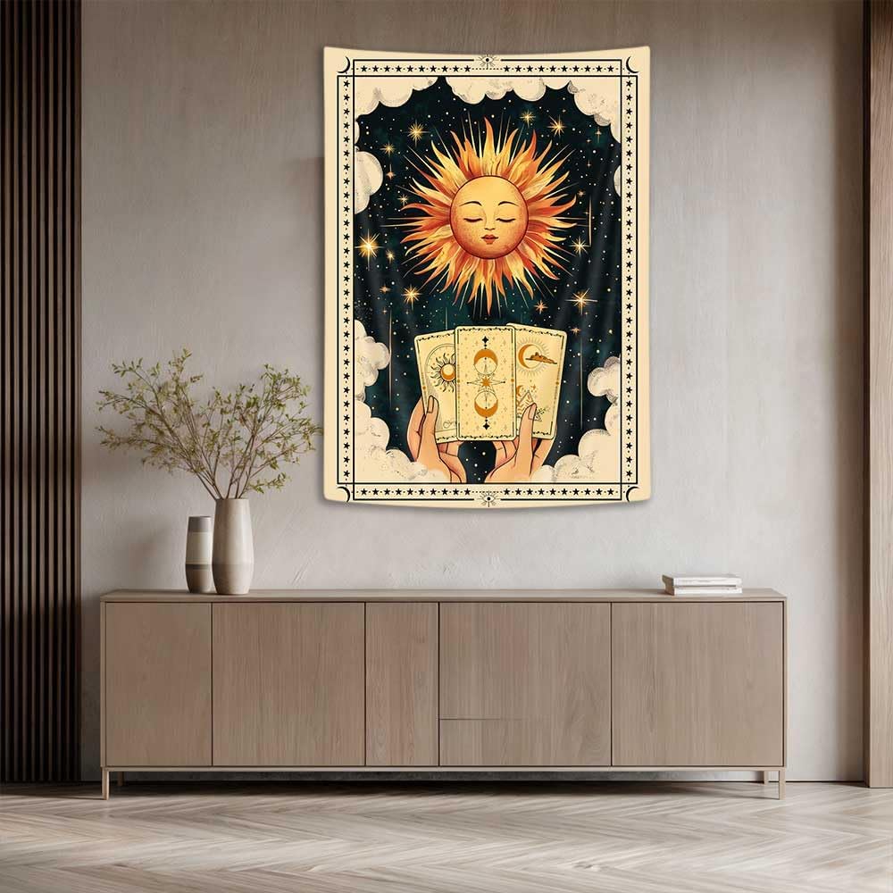 40X60 Inch Tarot Tapestry Wall Hanging - Sun & Moon Star White Cloud Psychedelic Boho Decor, Vintage Spiritual Art for Bedroom & Living Room, Orange Throw Blanket & Mystic Tarot Card Tapestrys