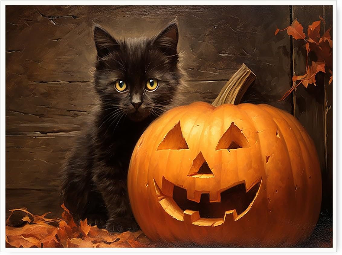 XYHKZNB Cute Black Cat Wall Art with Autumn Pumpkins, Dark Academia Gothic Decor, Farmhouse Black Cat Print, Unique Bathroom Wall Art 12x16inch unframed