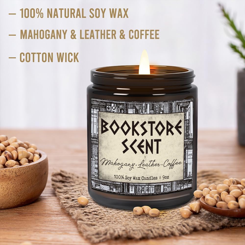 Book Lover Candle, Inspired Gift for Readers, Birthday, Book Themed Reading Gifts for Women, Bookworm, Librarian, Men, Bookstore Scent Mahogany Leather Coffee Scent Candle 9OZ