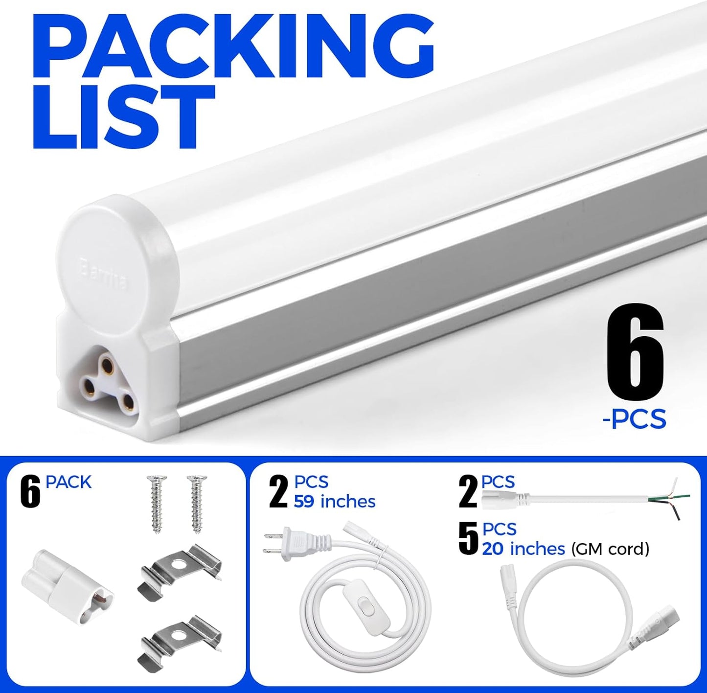 Barrina T5 4FT LED Shop Light, 2 Pcs Power Cords 6500K Super Bright White 2200lm 20W Utility Light Fixture, Ceiling Commercial Bay Light for Workshop Garage, Corded Electric with ON/Off Switch, 6 Pack