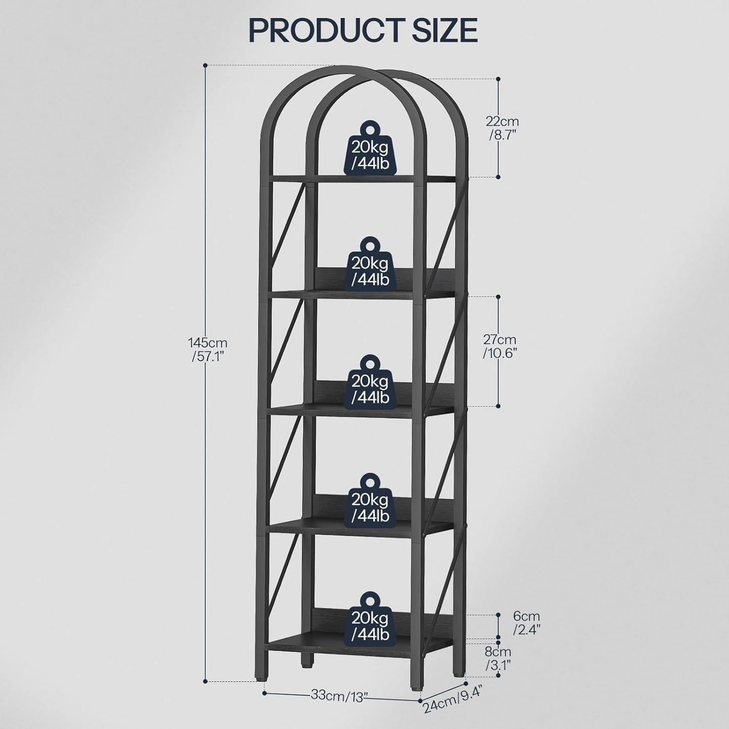 HOOBRO Bookshelf, 5-Tier Bookshelf Arched Display Racks, Industrial Bookcase with Metal Frame, Book Shelf Storage Organizer for Living Room, Office, Bedroom, Black BB425SJ01