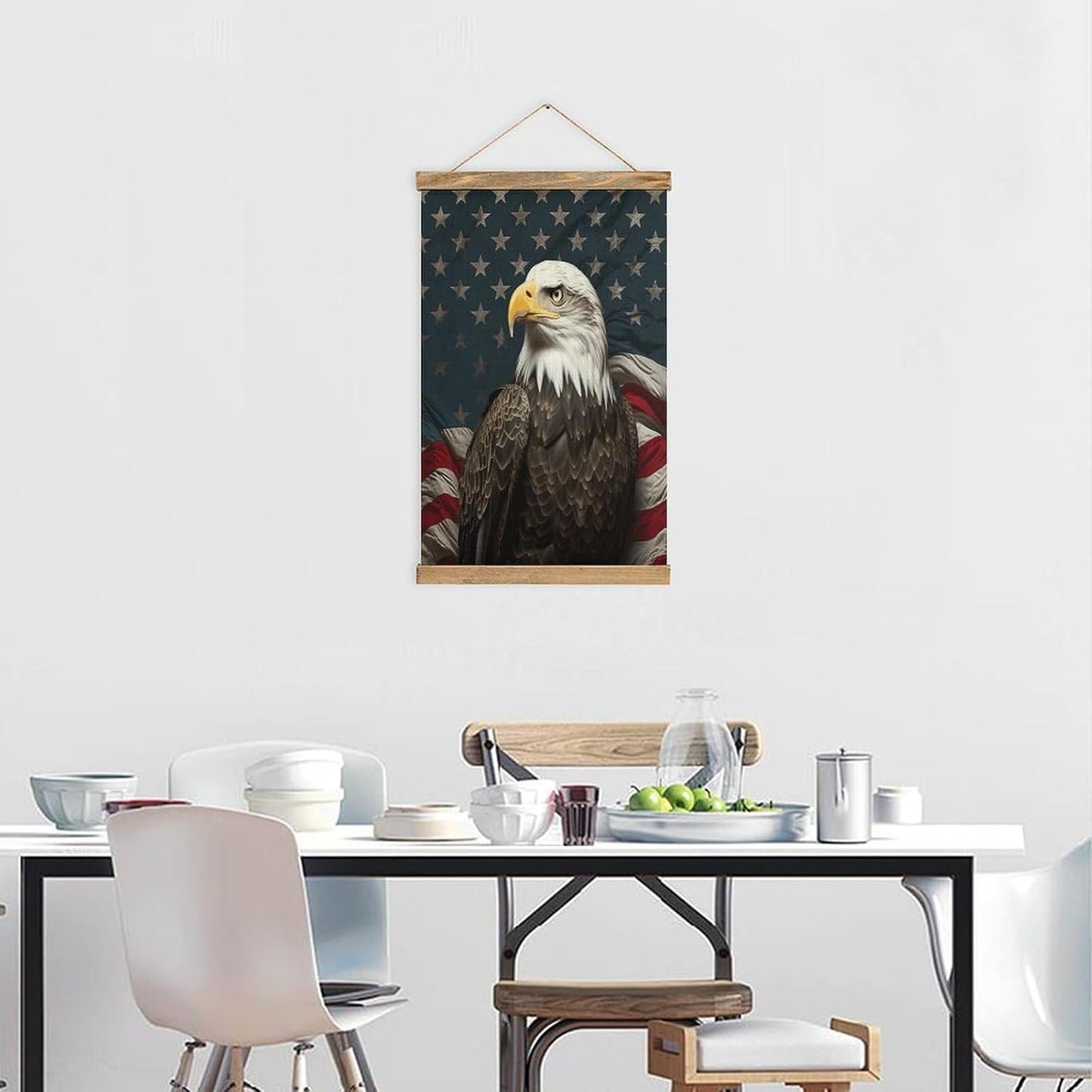 Vintage American Bald Eagle Sitting on Flag Ribbon Poster with Wooden Frame Personalized Linen Hanging Scroll Painting Rustic Wall Hanging Illustrative Modern Artwork Decor for Home Living Room Bedroo