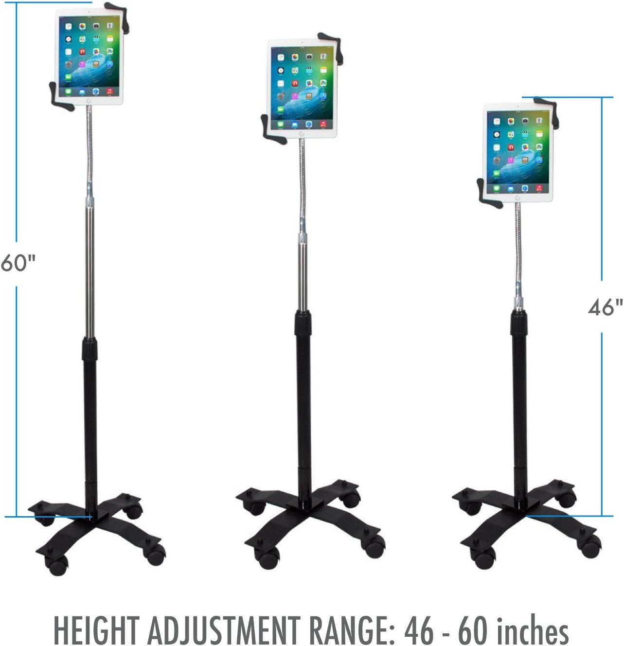 Gooseneck Floor Stand – CTA’s Compact, Adjustable Gooseneck with Swivel Casters for iPad 7th/ 8th/ 9th Gen 10.2”, iPad Air 4, 12.9”, Surface Pro, Zebra & Other 7-13” Tablets (PAD-CGS)