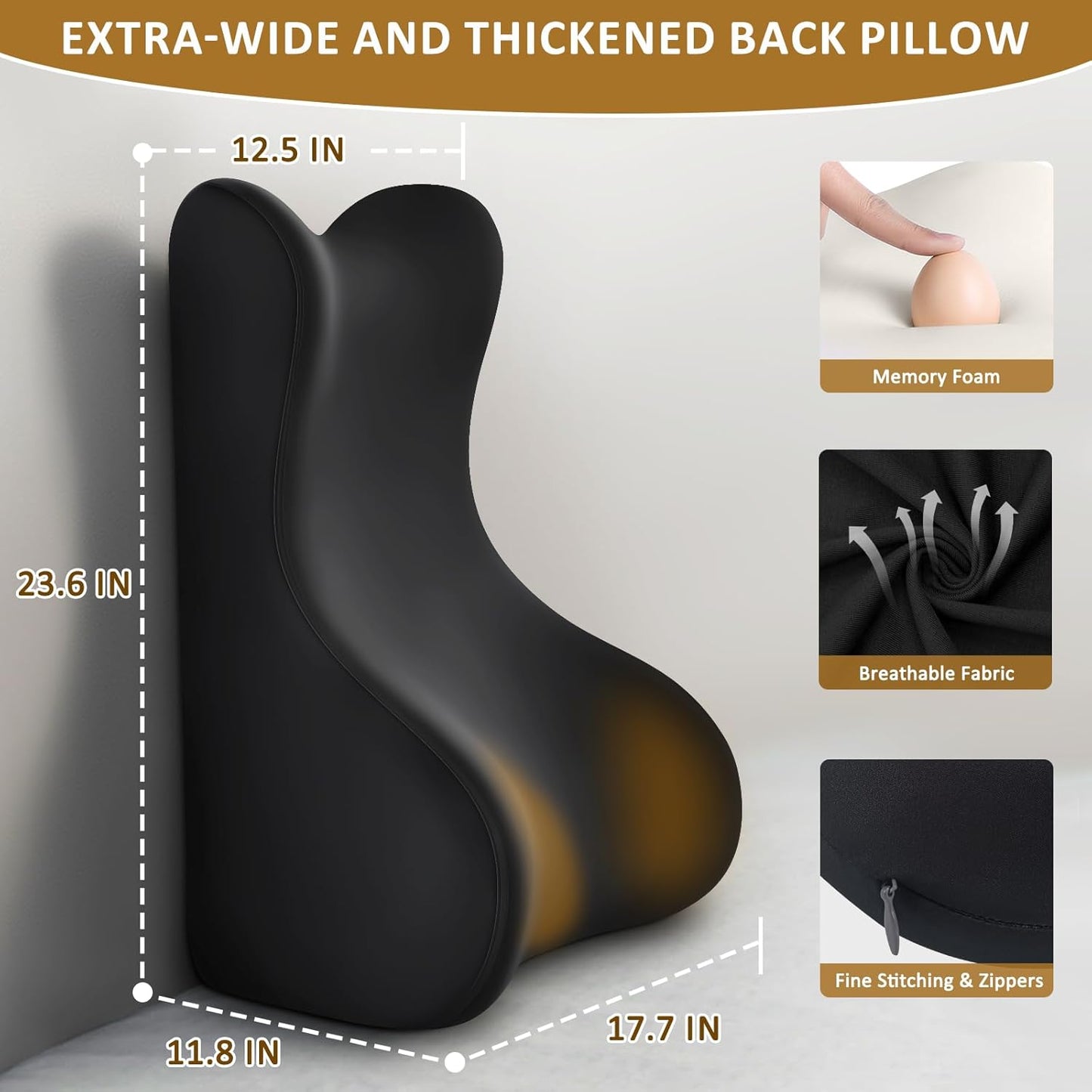 Reading Pillow for Bed,Ergonomic Wedge Pillow Headboard,Memory Foam Back Support Pillow for Bed Sitting Up Adult Sleeping,Wedge Headboard Pillow for Sleep Apne on Bedrest Couch,Black