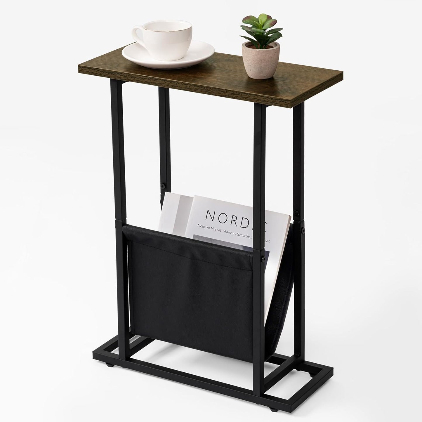 Narrow Side Table for Small Place,Metal Table with PU Leather Bag,Slim Nightstand for Reading Or Storage,Sofa Side Table for Living Room,Bedroom,Brown