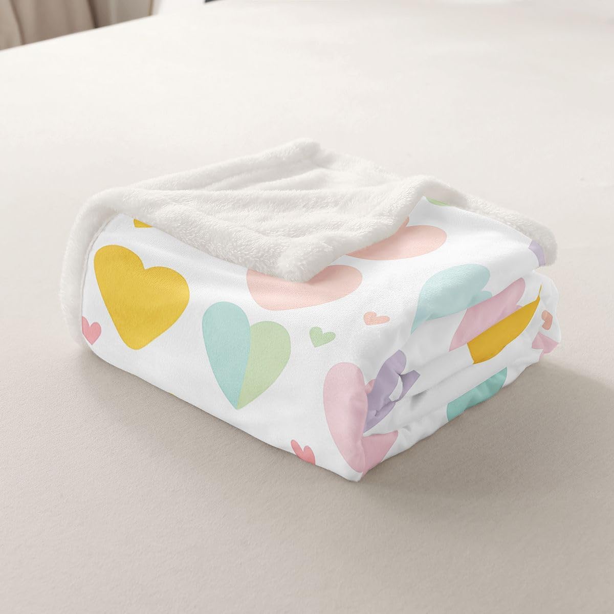 Feelyou Rainbow Heart Sherpa Throw Blanket for Couch Cute Multi-Color Heart Super Soft Cozy Fleece Romantic Blanket for Winter, Plush Throw Princess Style Baby 30"x40" Valentine's Day All Season