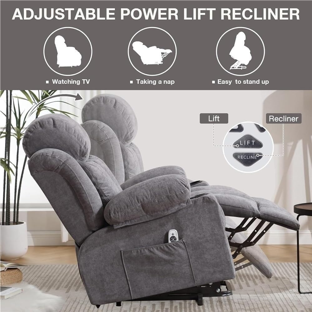 Electric Lift Recliner Chair for Elderly with Heat and Massage Ergonomic Single Lounge Chairs Comfortable Home Theater Seating for Living Room with Cup Holders Side Pocket