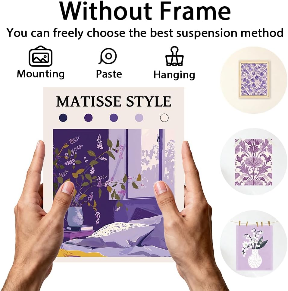 CRAFTYMELODY Matisse Theme Wall Art Prints Set of 9 Purple Theme Poster Wall Decor Monet Purple Flower Home Artworks for Gallery Living Dining Room Bedroom Bathroom Home Decoration 8x10 Inch Unframed