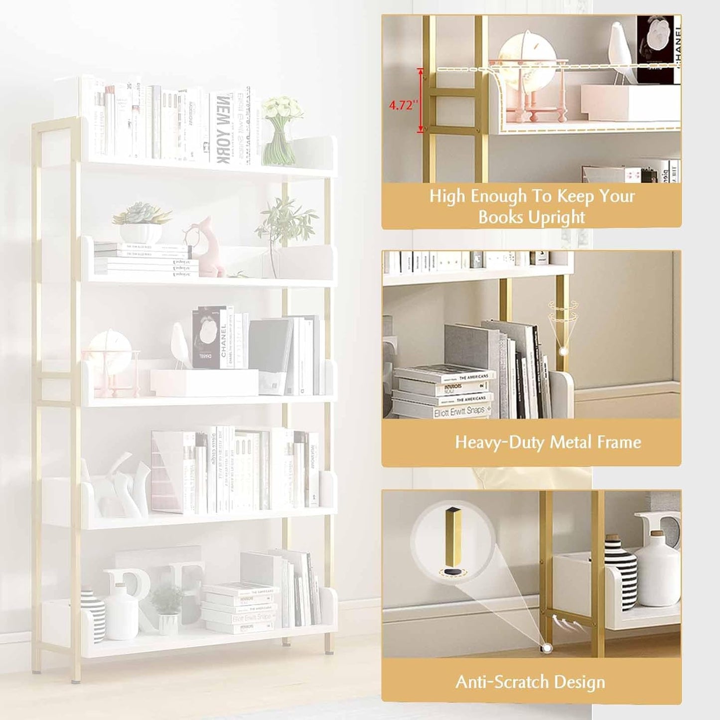 Wide Open Shelf Bookcase - Modern 4-Tier Floor Standing Display Bookshelf with Three-Side Baffles for Home and Office, Storage Shelving in Warm White with Gold Frame
