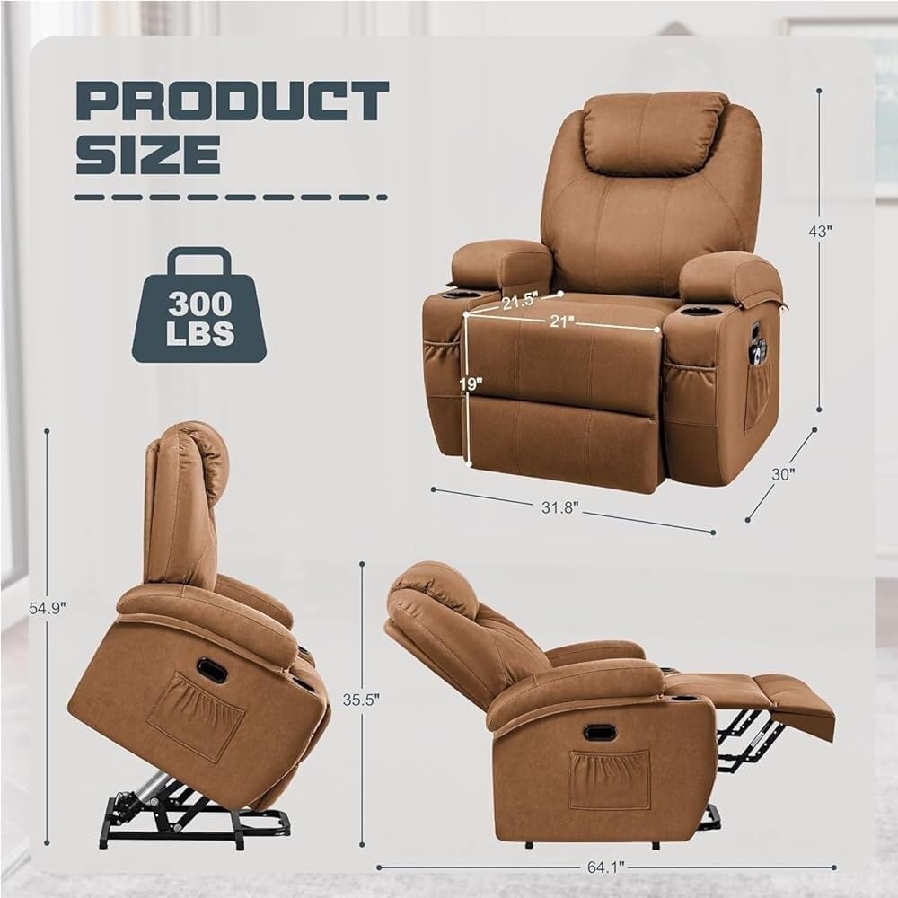 Power Lift USB Type-C Port Side Pockets PU Leather Recliner Chair Massage Heating for Elderly