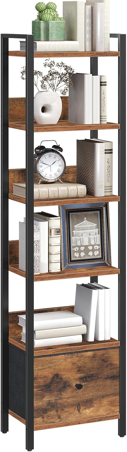 Bookshelf, 6-Tier Bookcase with Drawer, Small Book Shelf for Small Space, Storage Shelf Organizer, for Living Room, Bedroom, Study, Kitchen, Rustic Brown and Black BKHR66101