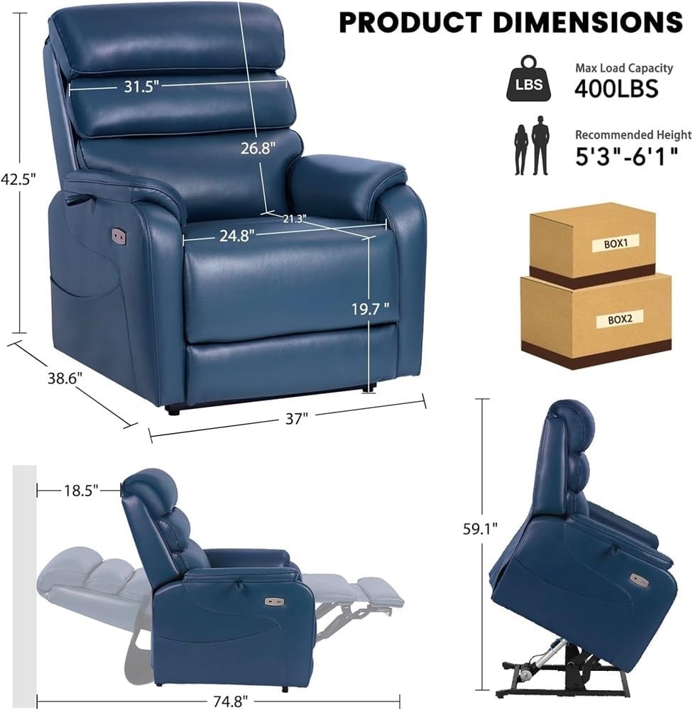 Heavy Duty Power Lift Recliner with Heat and Massage Blue Oversized Electric Reclining Chair for Adults Lay Flat Function Leather Living Room Sofa Furniture Charging Ports