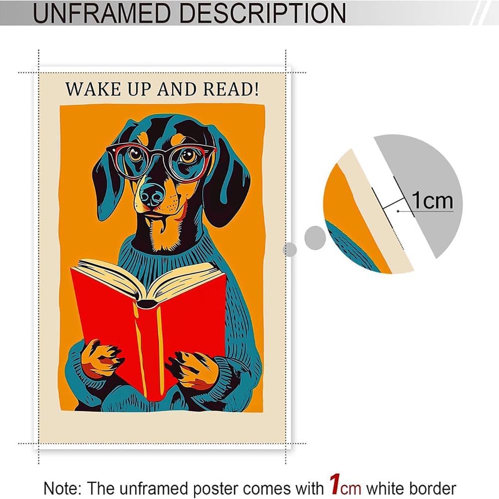 Wake Up And Read Posters Funny Beagle Wearing Reading Glasses Reading Book Canvas Wall Art National Library Week 1960 Aesthetic Prints Painting For Home Bedroom Dorm Wall Decor 12x16in Unframed