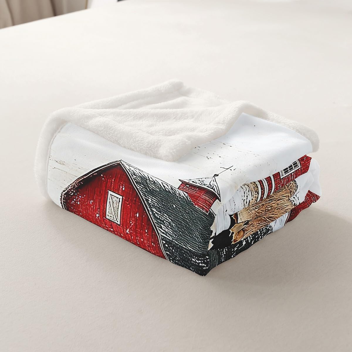Erosebridal Rustic Barn Fleece Blanket Twin 60"x80" Farmhouse Cow Sherpa Blanket for Kids Boys Girls Windmill Milk Cow Country Landscape Vintage Old Red Cabin Fuzzy Plush Throw