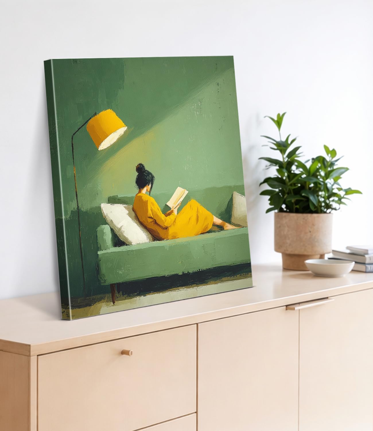 Vintage Woman Reading Green Wall Art Print - Green Bookish Woman Canvas Poster Painting - Book Lover Gifts Wall Decor for Home Reading Nook 8x10 Inch Framed