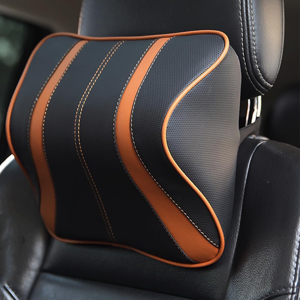 Seatbelt Pillow and Car Headrest Pillows with Ergonomic Design,Car Seat Neck Pillow with Leather Memory Foam,Car Neck Pillow for Relieving Neck Fatigue and Support Cervical (Orange and Black)