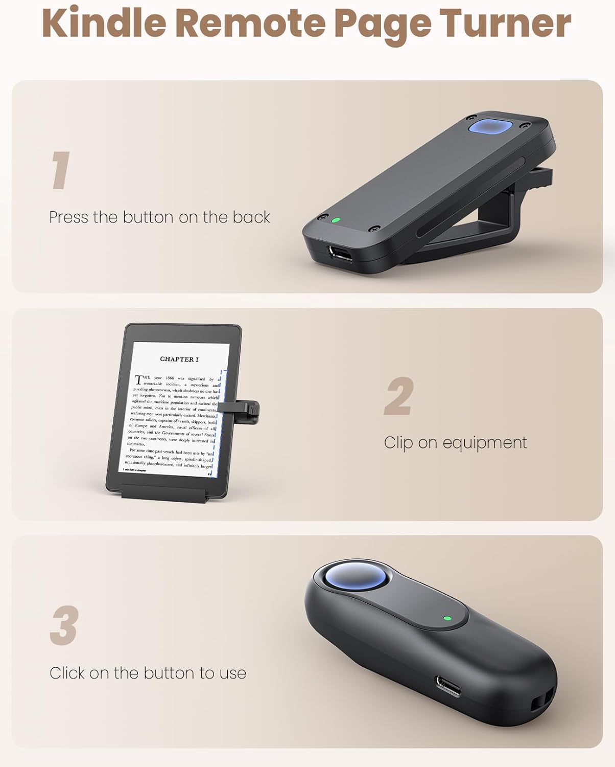 Remote Control Page Turner for Kindle Paperwhite Oasis Kobo eReaders, Ergonomic Remote Control Clicker for Hands-Free Reading, Compatible with Kindle E-Readers and Cases, Ideal for eBooks, Novels