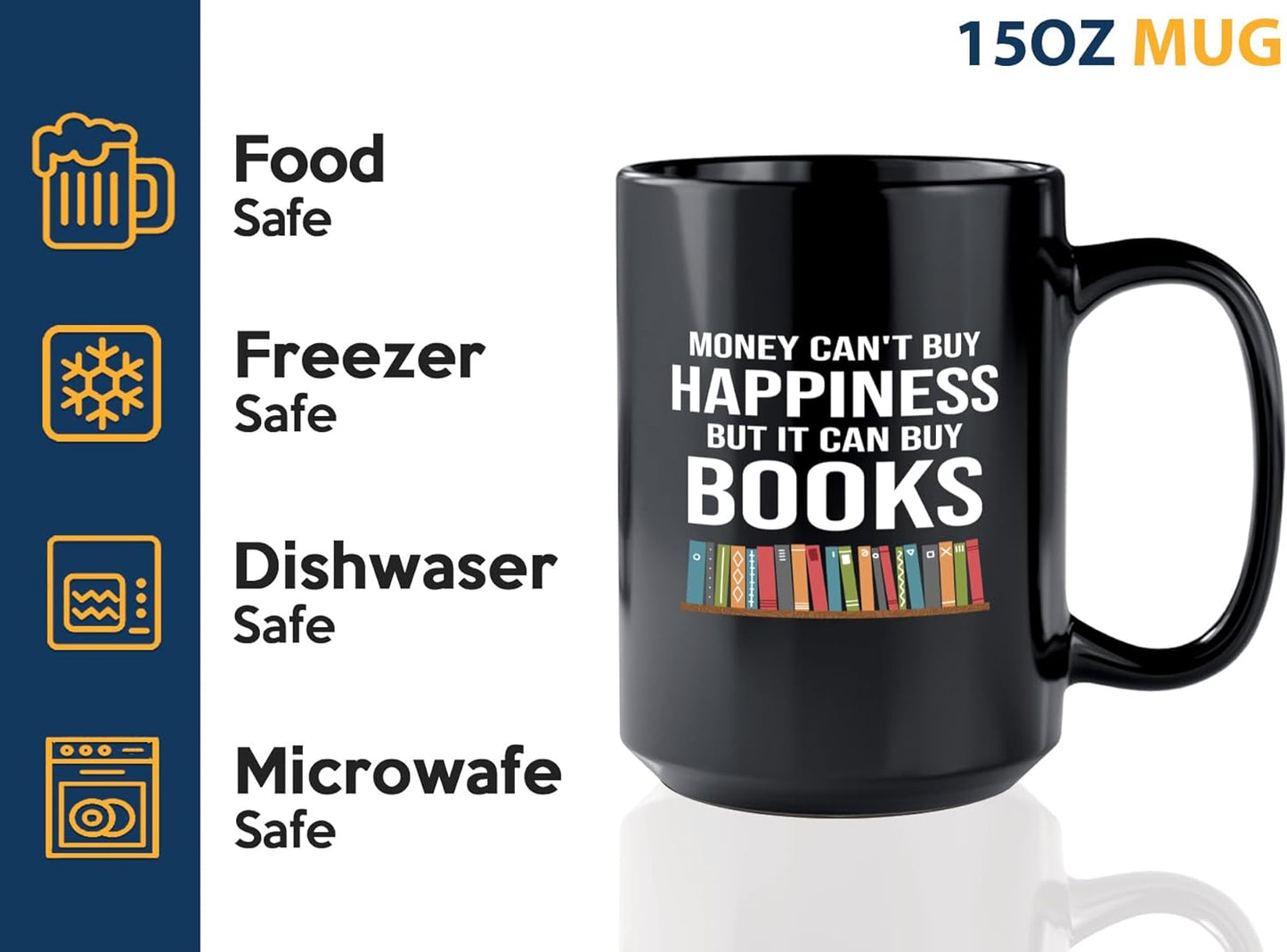 Book Lover Coffee Mug 15oz Black -Can Buy Books - Gift For Poets Bookish People Bibliophile Librarian Book Club Reader