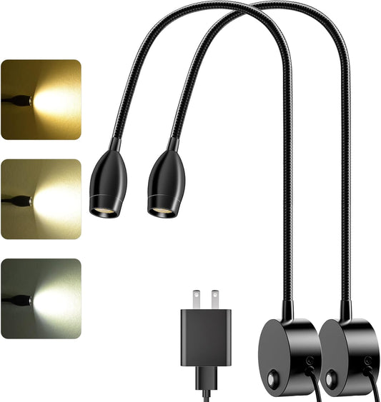 ERAY LED Wall Mounted Reading Light, Bedside Reading Lights for Bed with Touch Control, 3 Dimmable, 360°Flexible Gooseneck Headboard Book Reading Lamp Wall Sconce, 3000k-6000k-2 Pack