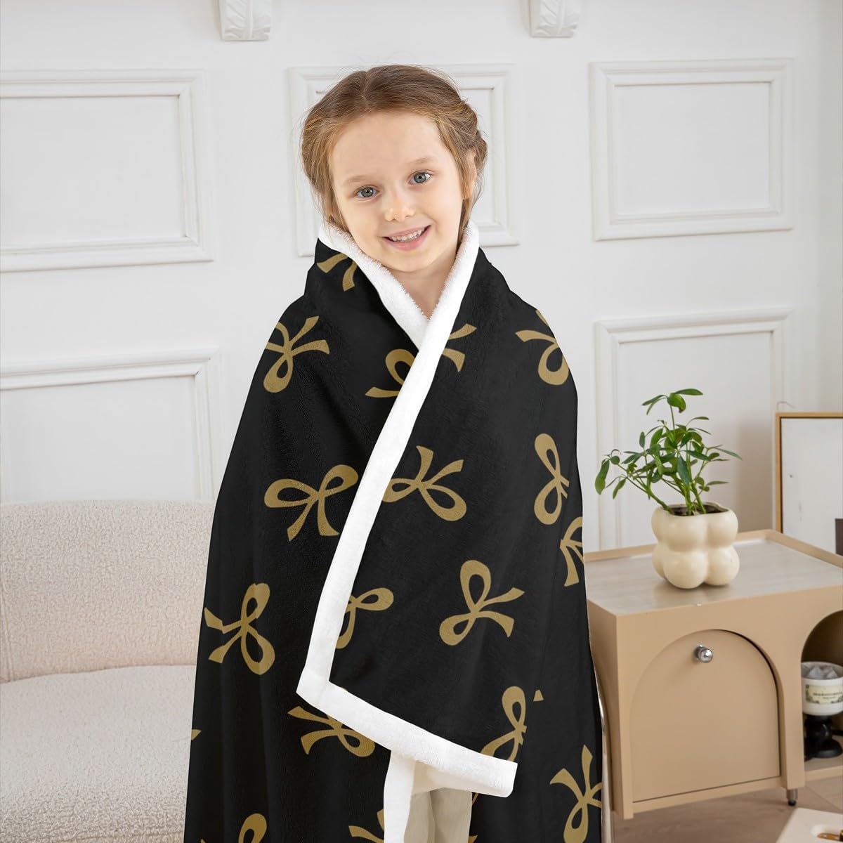 Feelyou Bow Black Gold Fleece Throw Blanket Cute Kawaii Sherpa Blanket for Kids Women Men Plush Fuzzy Ribbon Bow Knot Throw 50"x60" Princess Bowknot Girly for Bed Couch Chair Living Room Bedroom Decor