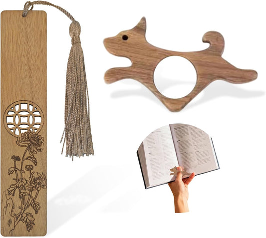 1Pcs Wood Thumb Book Page Holder for Reading 1Pcs Bookmark Holder Book Marks for Reading Wooden Bookmarks with Flower Crving Smooth Finish Thumb Page Holders (Oak & Natural)