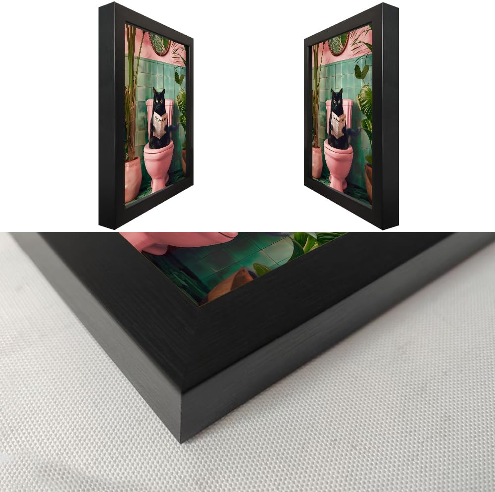 Framed Black Cat Bathroom Decor Pink Trendy Girly Wall Art Funny Cat Reading Toilet Decor Farmhouse Picture Wall Decor