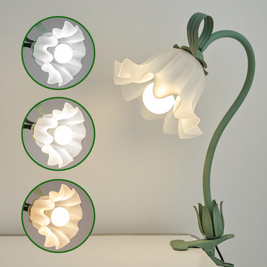 Flower Lamp Clip on Light, 3 Color Modes Eye-Caring Desk Lamp with Clamp, Dorm Room Essentials, Flexible Neck Reading Clamp Lamps for College Bedside Bookshelf Studying Room (Green)