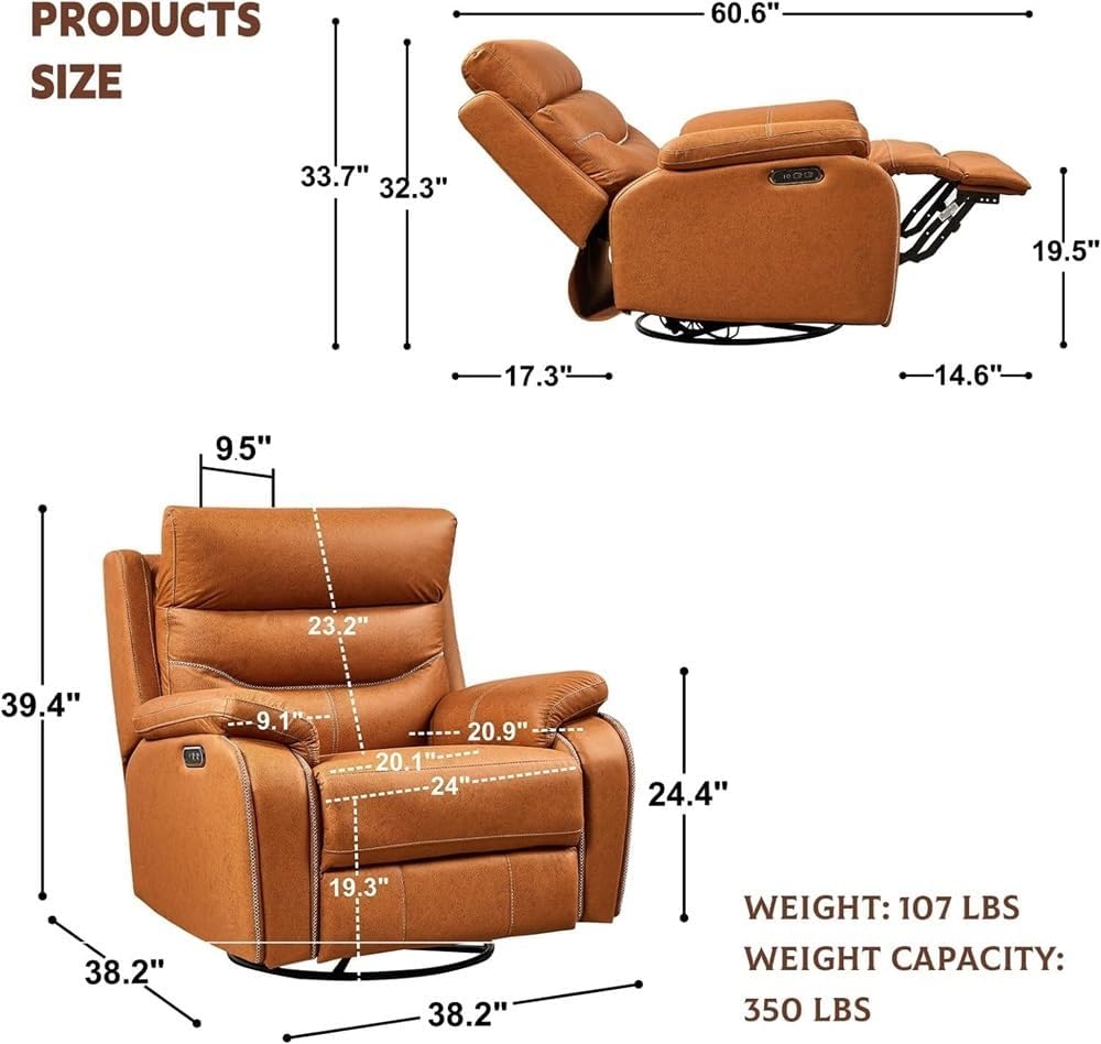 Power Recliner Chair with Power Headrest, Electric Nursery Rocker for Elderly with One-Key Reset Button, Brown Leather Glider Recliner for Bedroom & Living Room