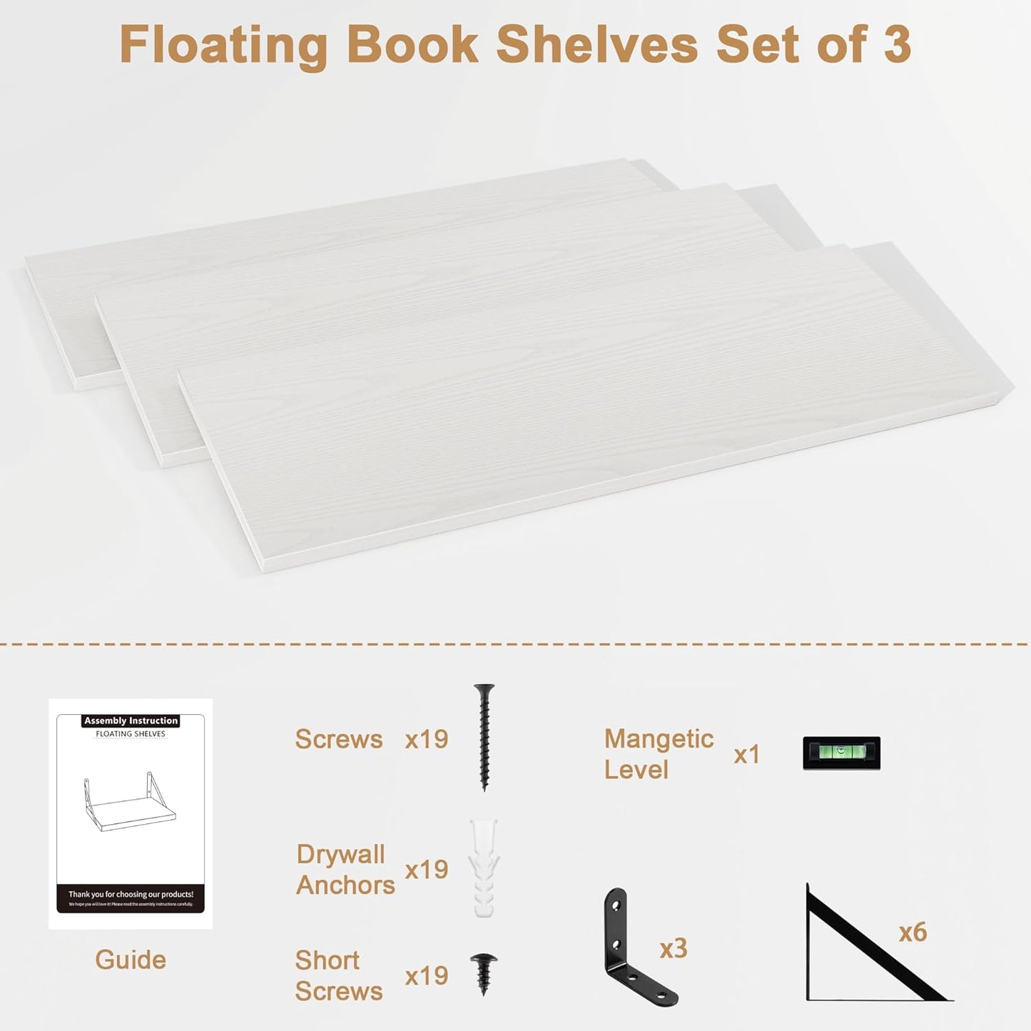 Fun Memories Long Wall Shelves for Bedroom, Set of 3 Large 40-Inch Floating Bookshelves, Rustic Wood Display Shelf for Home and Office (White)