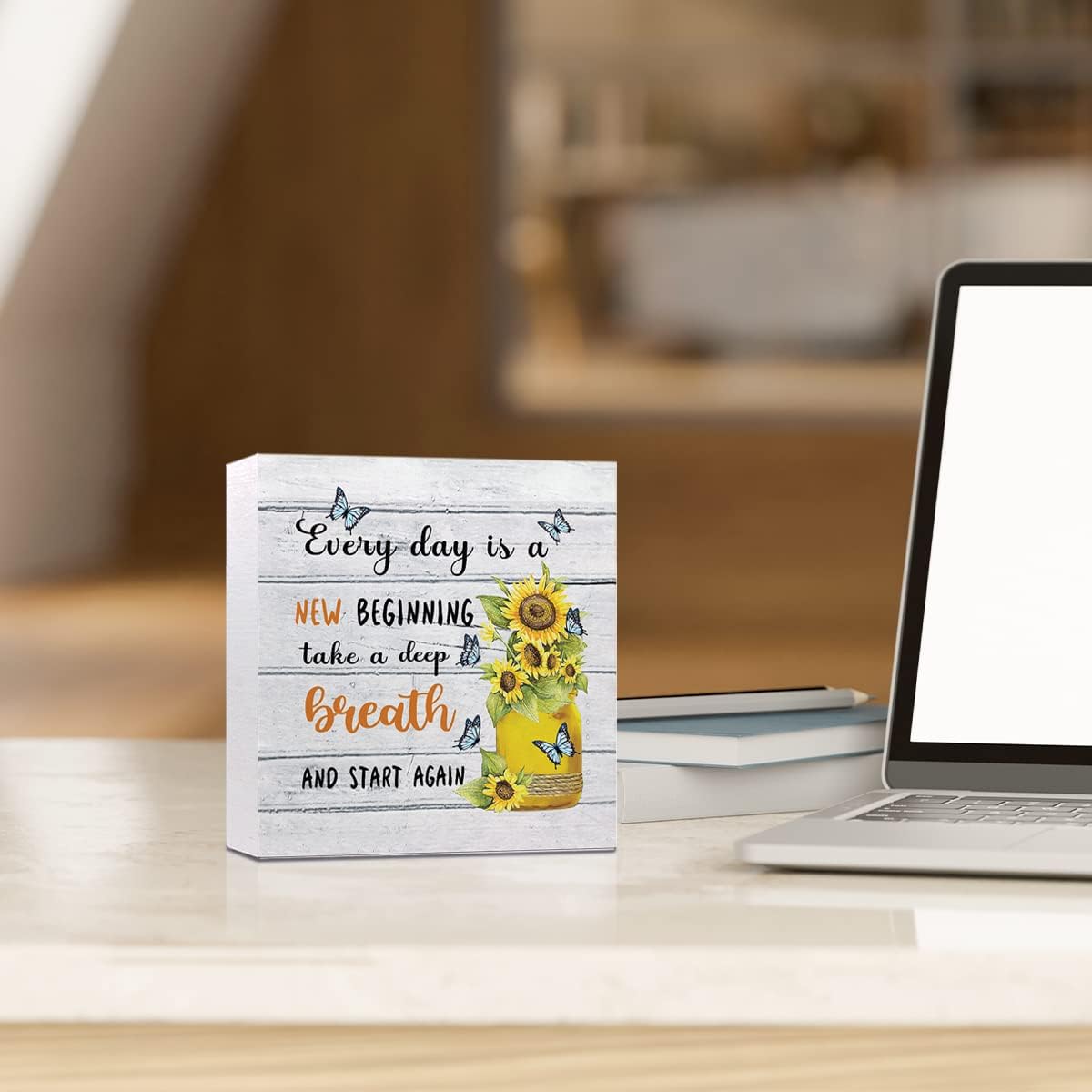 Everyday Is A New Beginning Farmhouse Sunflowers Wooden Sign Desk Decor, Inspirational Wood Block Signs for Home, Bedroom, Office