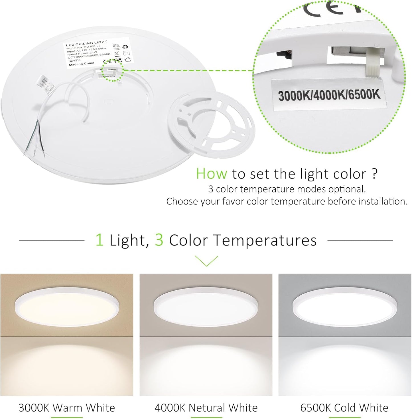 4 Pack LED Flush Mount Ceiling Light, 24W Ultra Thin Round White 3000k/4000k/6500k 3 Color Temperatures Adjusted 12 Inch Modern Ceiling Lights for Bedroom Bathroom Kitchen, Wired