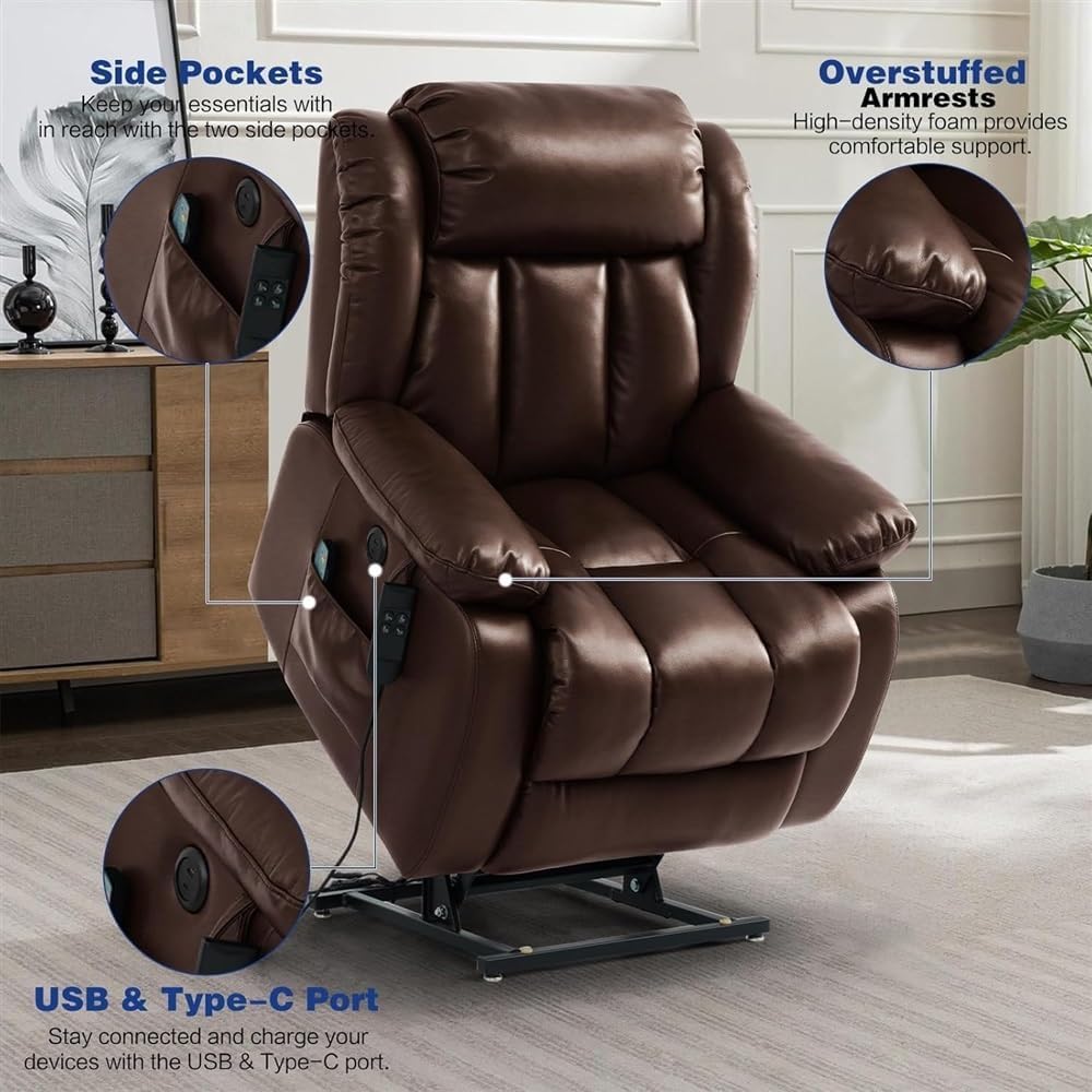 Large Power Lift Recliner Chair with Massage & Heat for Elderly, Heavy Duty Electric Recliner with USB Ports, Remote Control & Motor, Leather Upholstery for Living Room