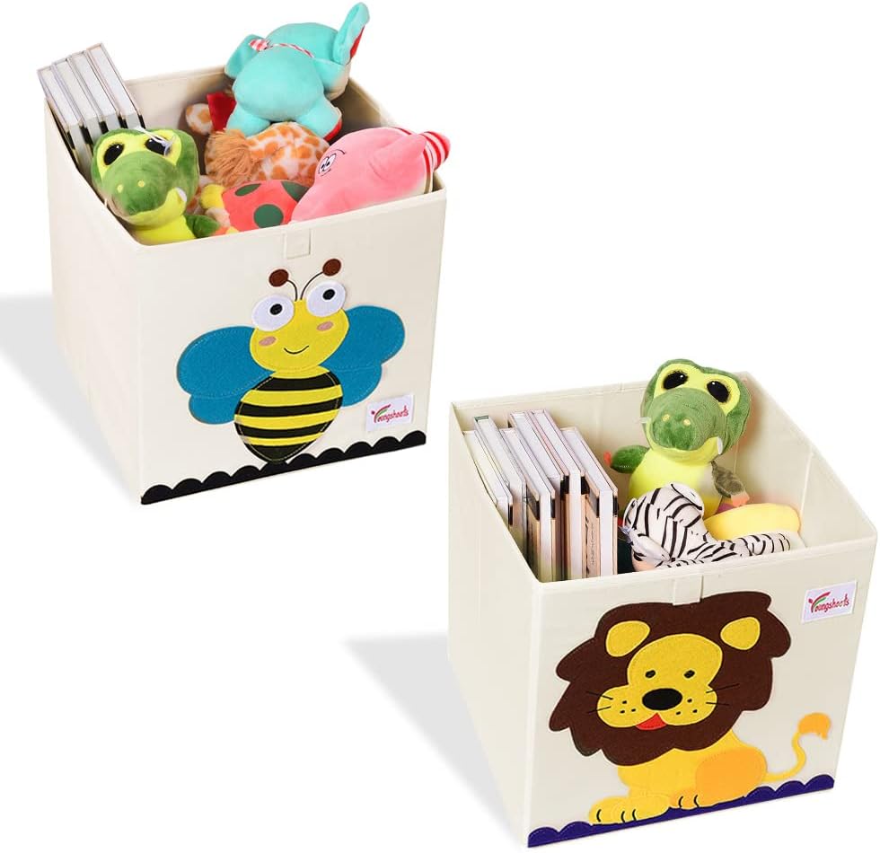 2 Pcs Foldable Animal Toy Storage Box/Bin/Cube, Collapsible Storage Organizer Chest Basket Container for Kids, Toddlers, Boys and Girls(13 x 13 x 13 Inch, Lion & Bee)