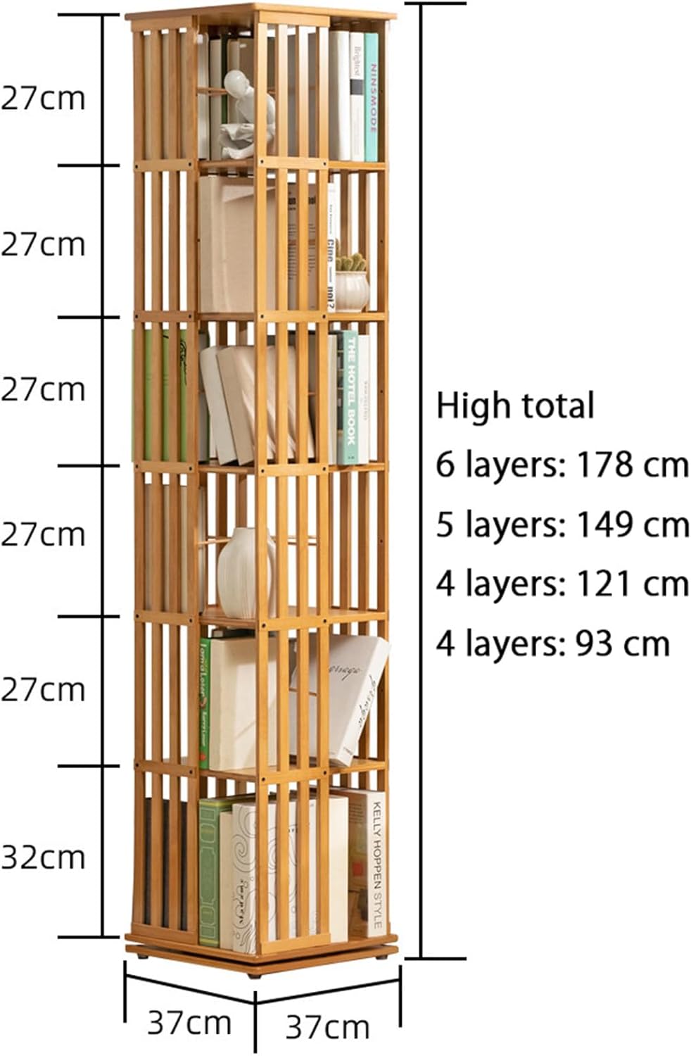 6-Tier Bamboo Rotating Bookshelf - Floor Standing Spinning Bookcase & Toy Storage Organizer for Bedroom & Living Room - Corner Tower with Bins, B-5layers