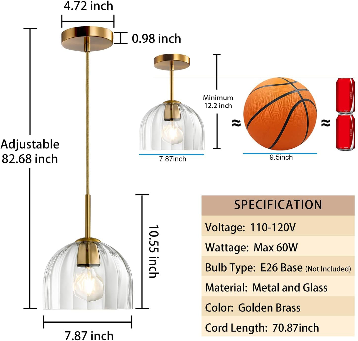 Modern Pendant Light Kitchen Island, Nordic Boho Dome Chandelier, 7.86" Bell Lamp Shape Hanging Ceiling Lighting Fixture with Clear Striped Glass Lampshade Dining Room