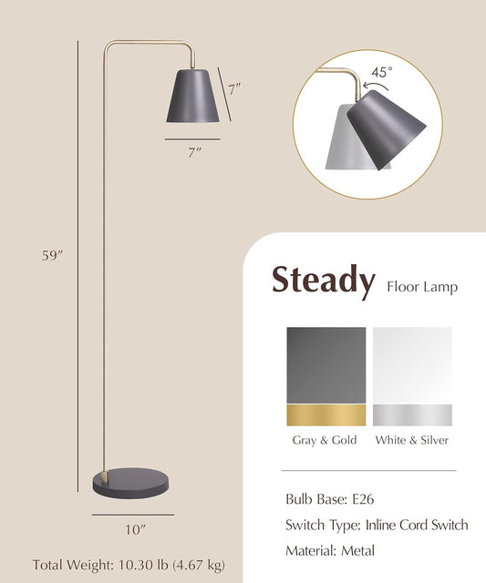 HarvestLand Steady Brass Floor Reading Lamp – Adjustable Standing Lamp with Solid Base, Reading Lamps Floor Standing, Grey Reading Floor Lamp for Living Room or Over Chair Use