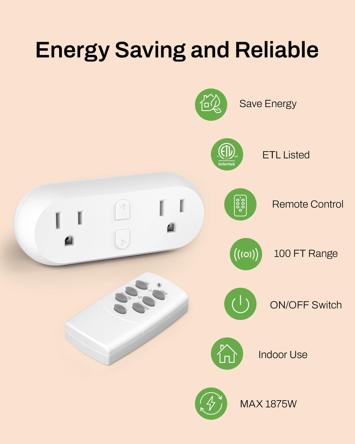 HBN Wireless Remote Control Outlet with 2 Individual Switch Control, Compact Design Sockets Plug Up to 100ft Remote Range, Battery Included, 15A/1875W, ETL Certified