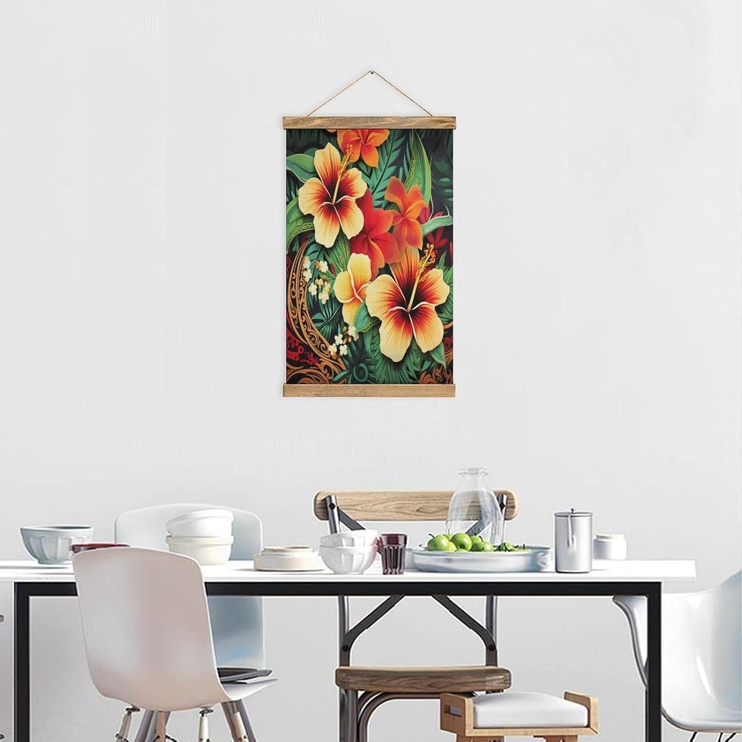 Vintage Hawaiian Style Print Pattern Poster with Wooden Frame Personalized Linen Hanging Scroll Painting Rustic Wall Hanging Illustrative Modern Artwork Decor for Home Living Room Bedroom Office
