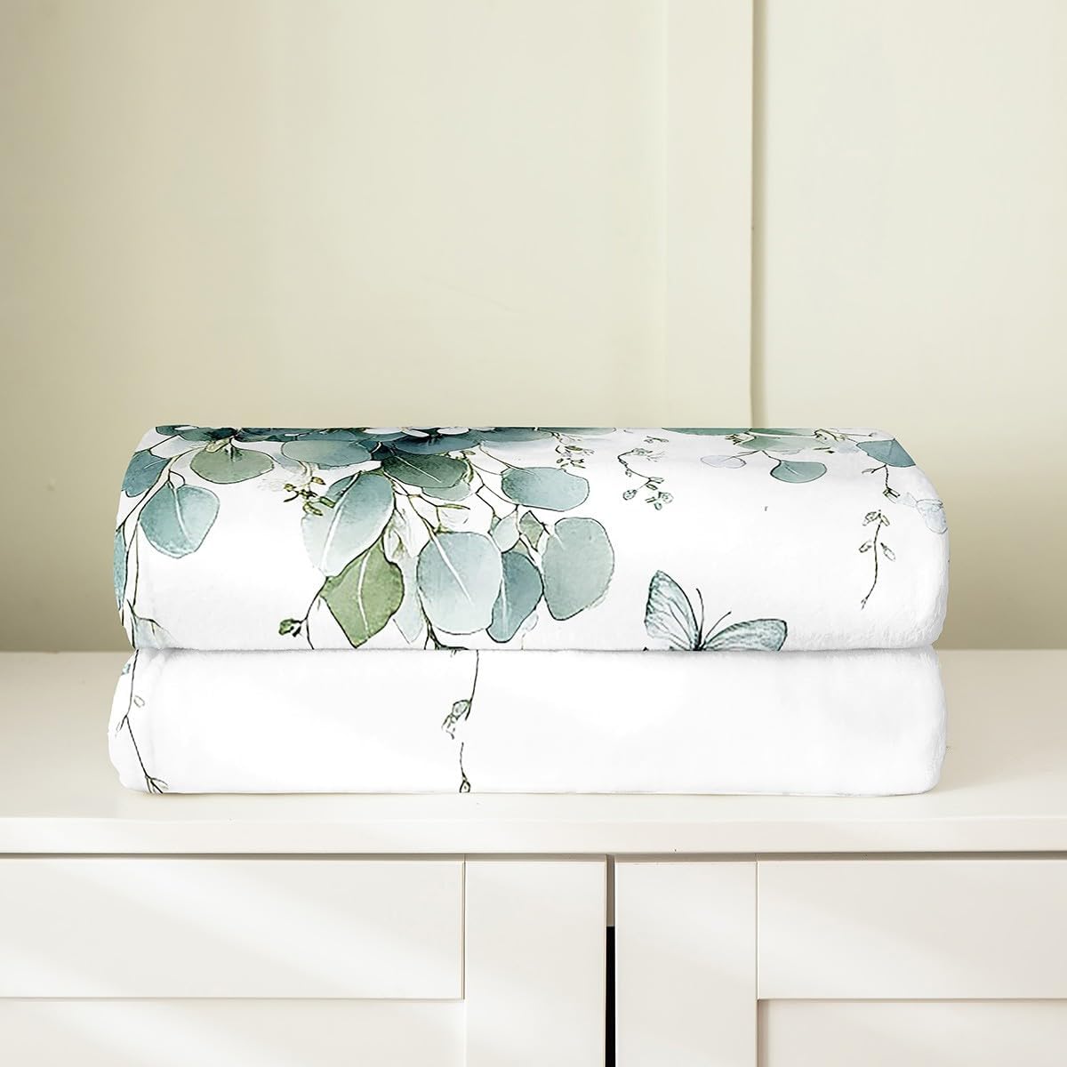 Erosebridal Minimalist Fleece Blanket,Teal Butterfly Fuzzy Blanket,Eucalyptus Floral Blanket 40X50,Green Leaves Bed Blanket for Sofa Bed Chair,Soft Warm