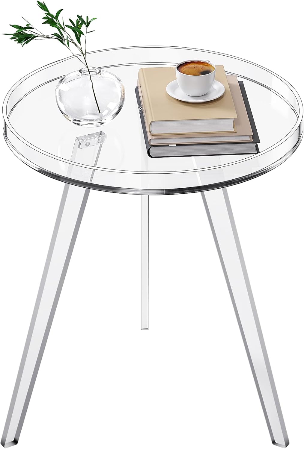 Clear Acrylic Side Table, Round End Table Nightstand Bedside Table Small Circle with Tray for Living Room Bedroom Office Small Space (Clear)