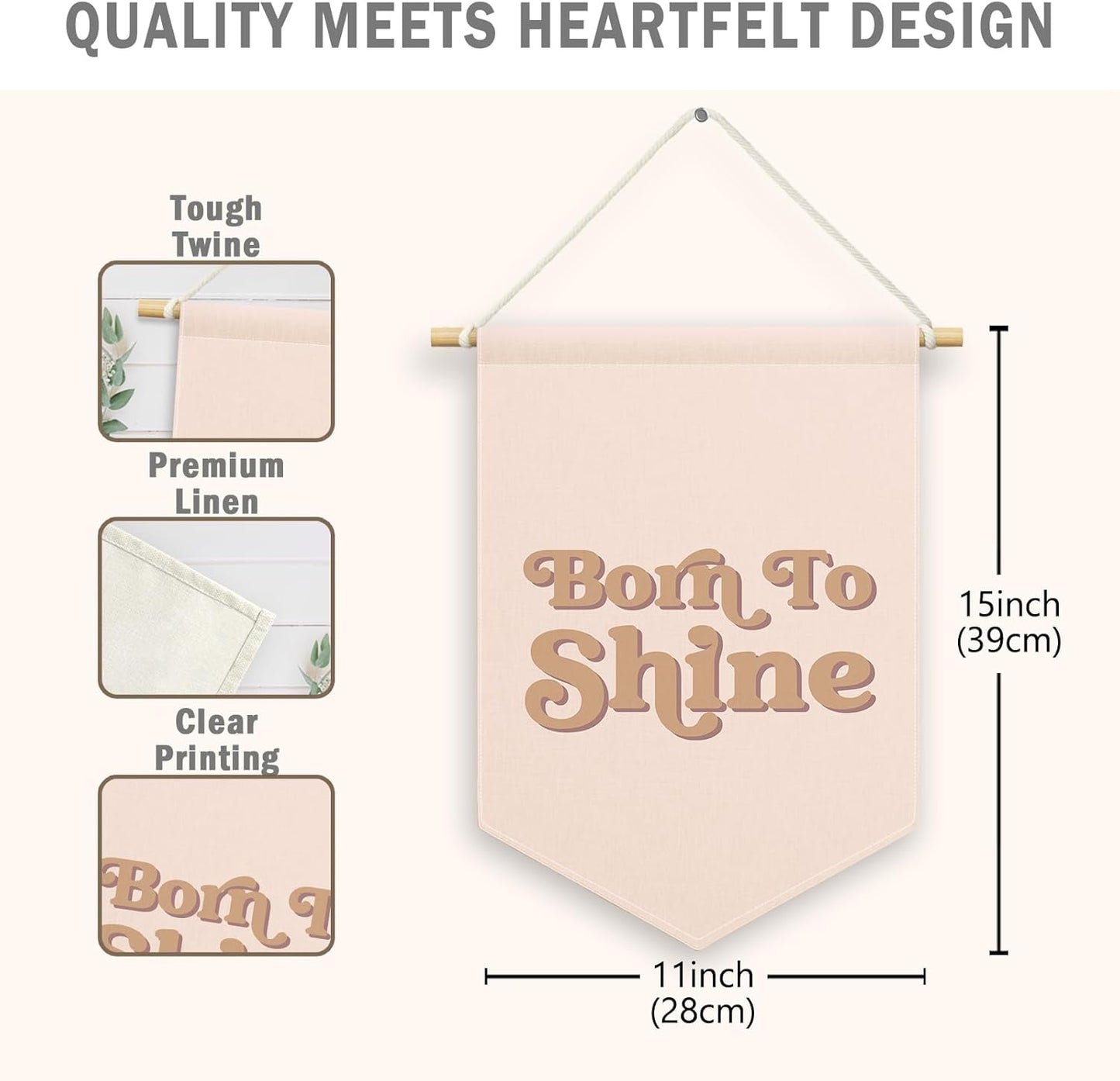 Pink Girls Banner Canvas, Inspirational Girly Kids Room Decor, Born to Shine Pennant Flag Sign Hanging, Nursery Boho Wall Art Gifts for Toddler Room Playroom Baby Shower Decor 11x15in