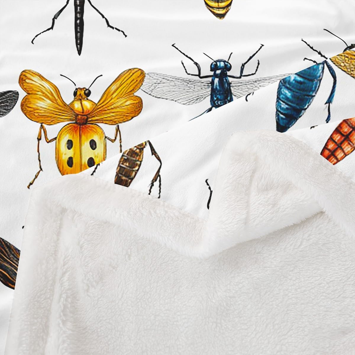 Feelyou Insects Fleece Throw Blanket Bee Butterfly Dragonfly Ladybug Sherpa Plush Blankets and Throws Entomological Flannel Fuzzy Blanket for Bed Sofa Couch 50"x60"
