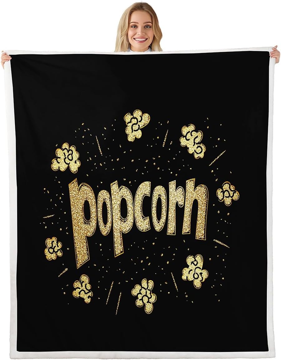 Feelyou Popcorn Golden Black Plush Blanket Movie Theater Fleece Throw Blanket for Children Vintage Cinema Movie Theater Sherpa Blanket Old Fashion Room Decor Room Decor 40"x50"