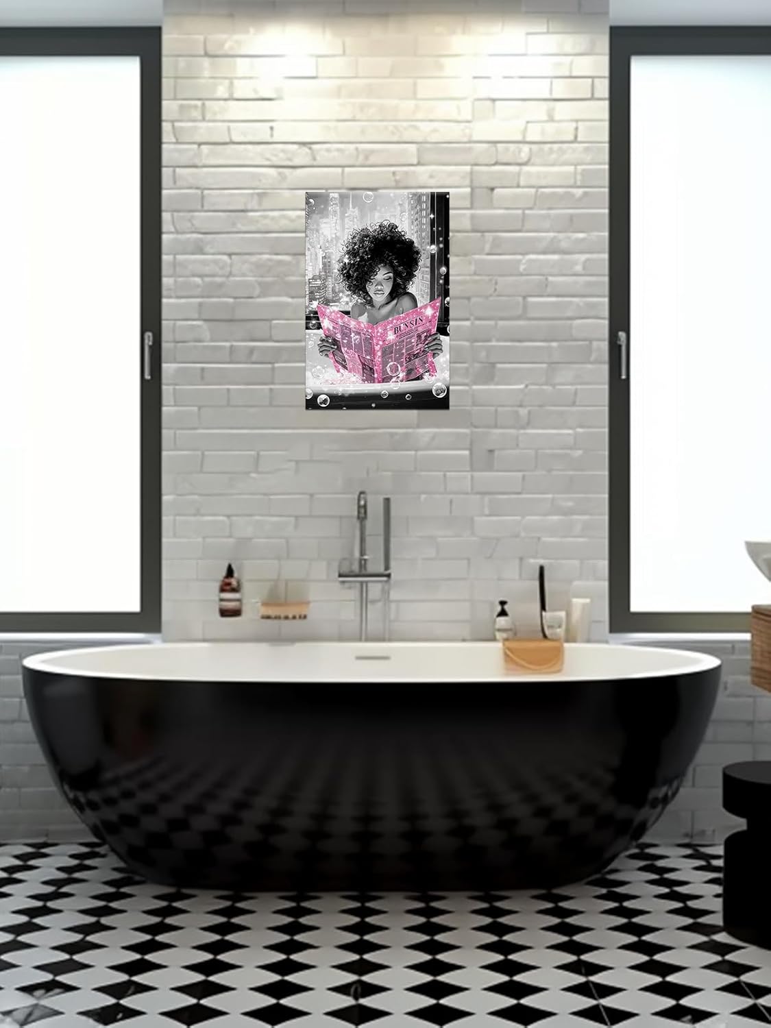 Black Girl Wall Art Afro Woman Reading Pink Newspaper in Bath Canvas Black White Cityscape Print Modern African American Painting Inspirational Picture Poster for Bathroom Home Decor(POR-02,12"x18")