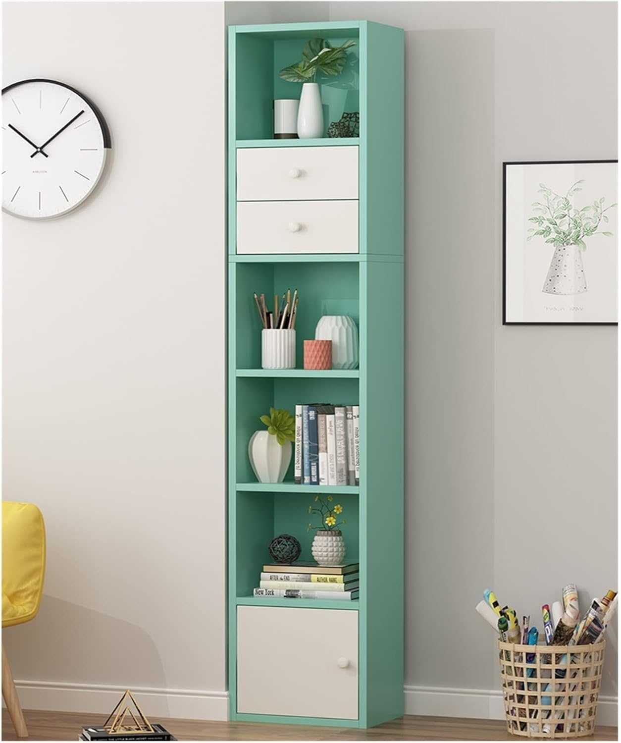 Bookshelf Landing Simple Storage Narrow Slit Small Bookcase, Simple Locker Shelf for Living Room Bedroom (Color : 33x24x188cm Beech Color) (33x24x126cm Beech Door Beech)
