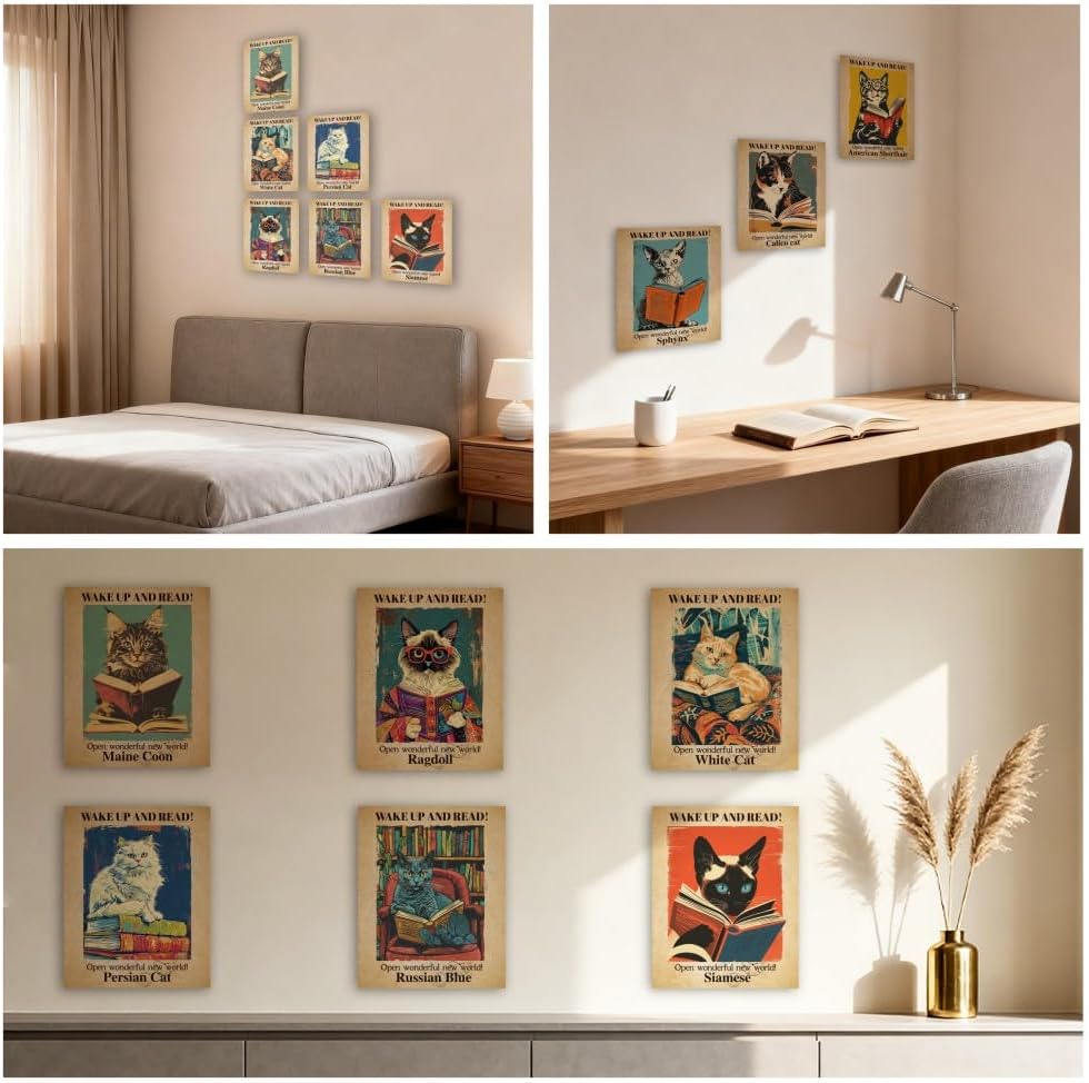 CRAFTYMELODY Cat Reading Wall Art Prints Set of 9 Vintage Book Theme Poster Wall Decor Home Artworks for Gallery Living Dining Room Bedroom Bathroom Home Decoration 8x10 Inch Unframed