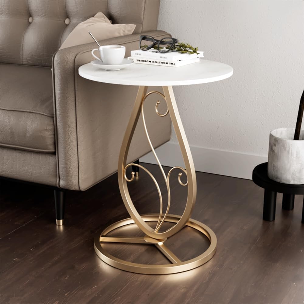 Boho Round Side Table Living Room, Natural Marble Desktop end Tables with Boho Minimalist Metal Floral Base, Modern Decor Bedside nightstand Coffee Table for Living Room Bedroom Sofa Balcony