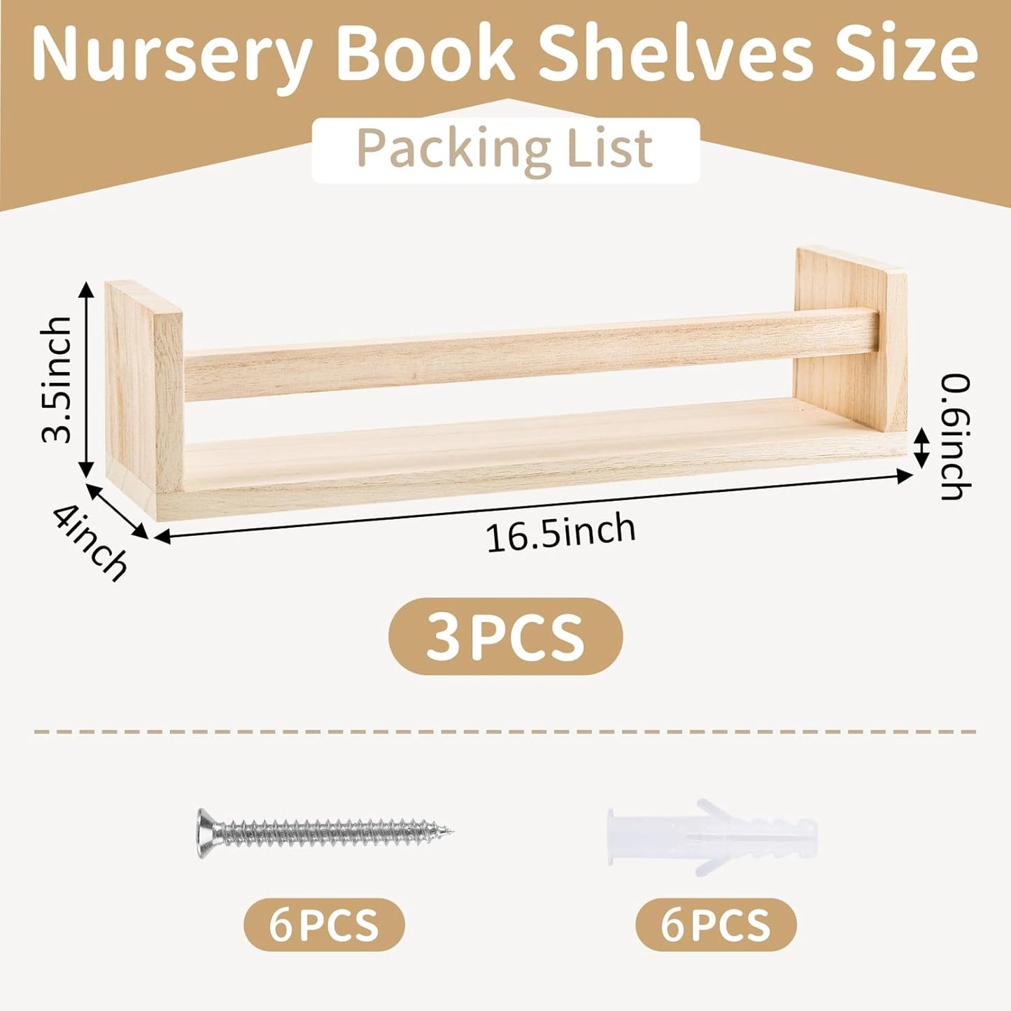 3 Pack Nursery Shelves, 16.5 Inch Nursery Book Shelve, Solid Wood Wall Mounted Shelve for Books, Floating Shelves for Wall Books Living Room Kids Room Decor(Natural Wood)