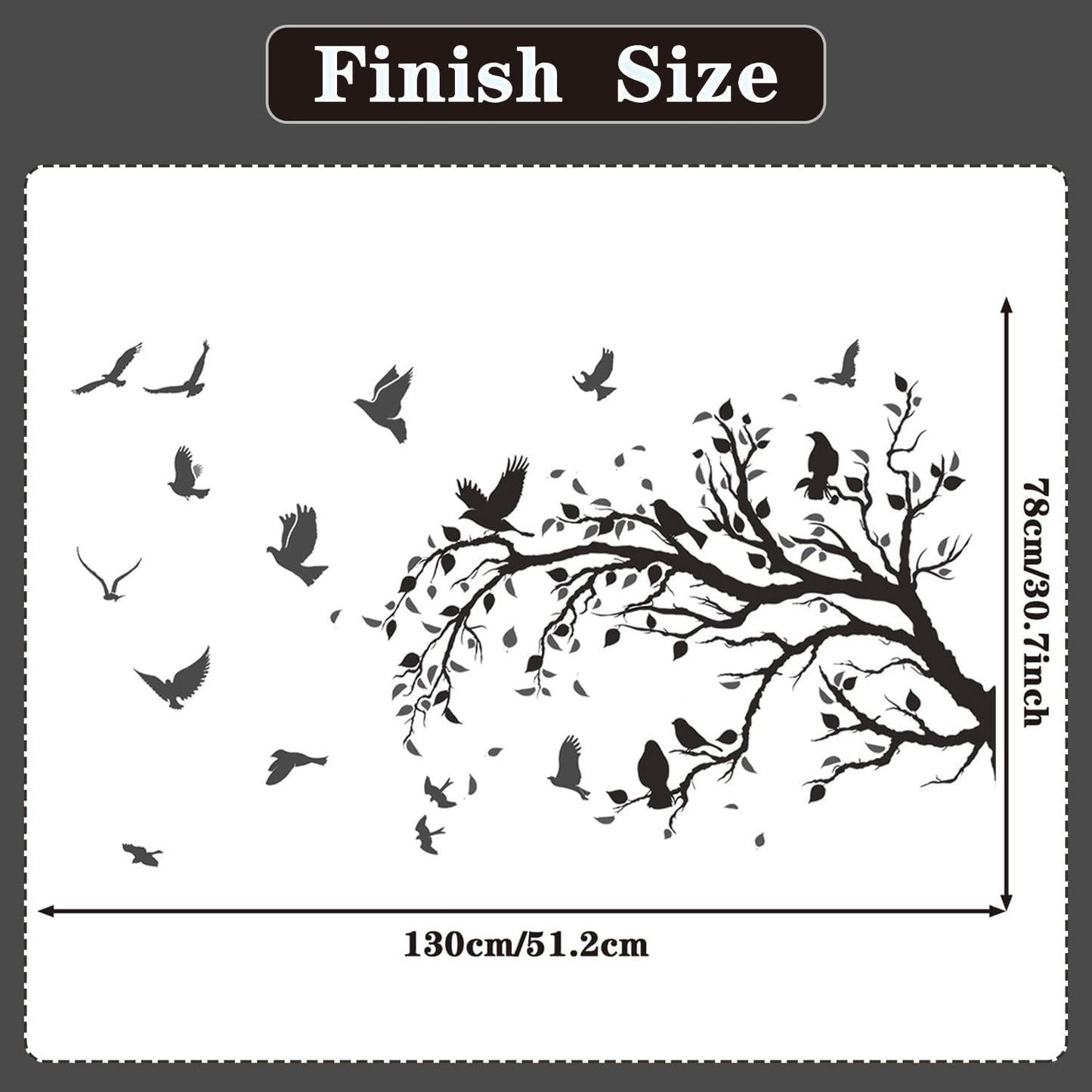 Black Tree Branch Flying Birds Wall Decal 50" × 30" DIY Birds Leaves Wall Stickers Peel & Stick Removable Vinyl Art Decals for Living Room Bedroom TV Background Wall Decor